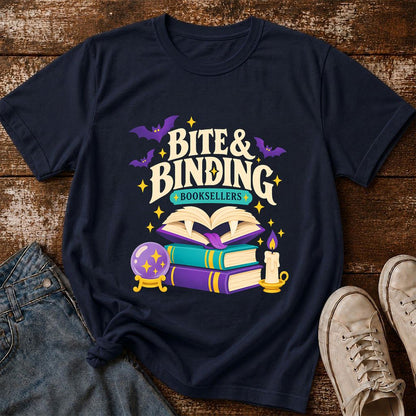 Bite & Binding Booksellers Printed T-Shirt | Fantasy Reader Gift Navy