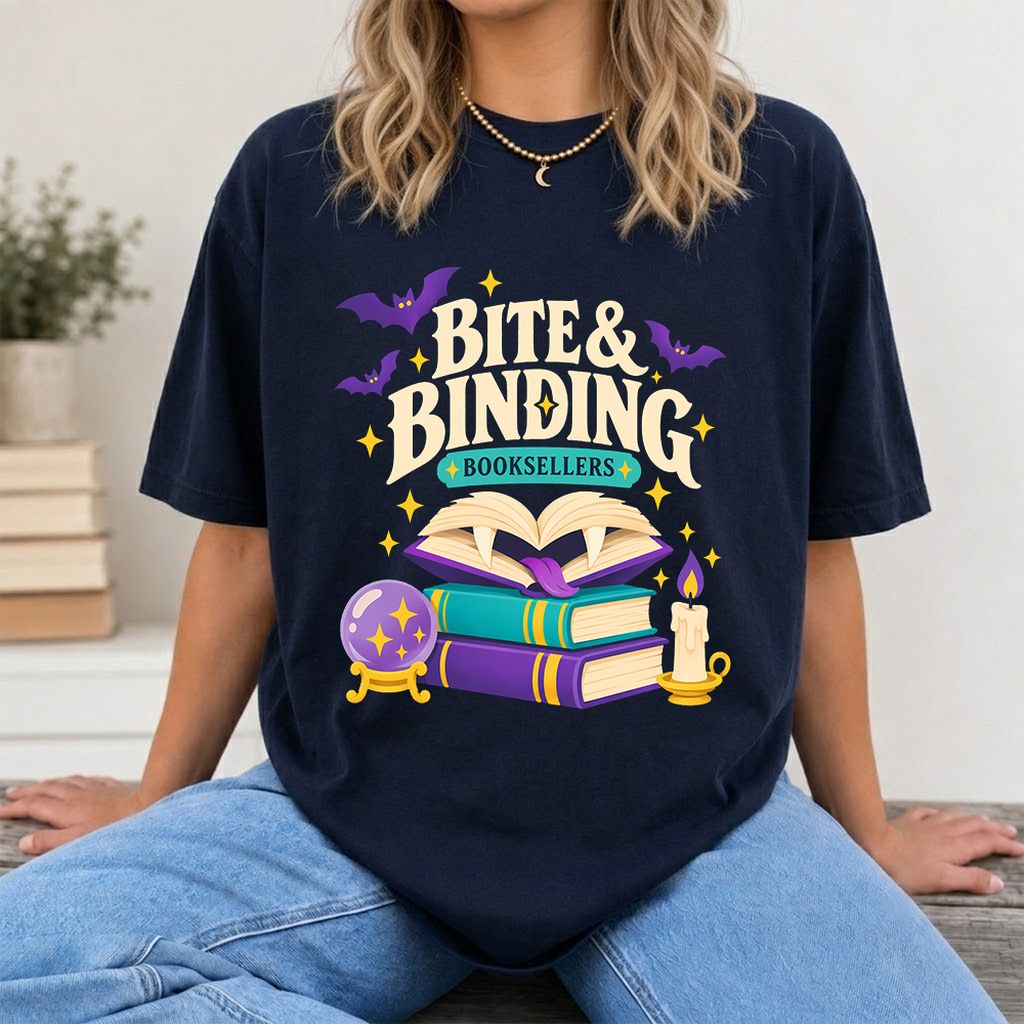 Bite & Binding Booksellers Printed T-Shirt | Fantasy Reader Gift Navy