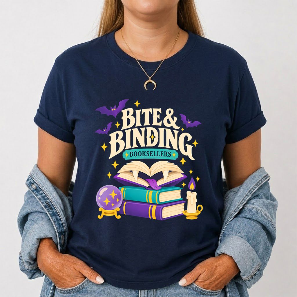 Bite & Binding Booksellers Printed T-Shirt | Fantasy Reader Gift Navy