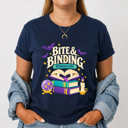 Bite & Binding Booksellers Printed T-Shirt | Fantasy Reader Gift Navy