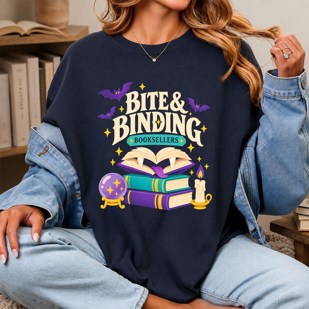 Bite & Binding Booksellers Printed T-Shirt | Fantasy Reader Gift Navy