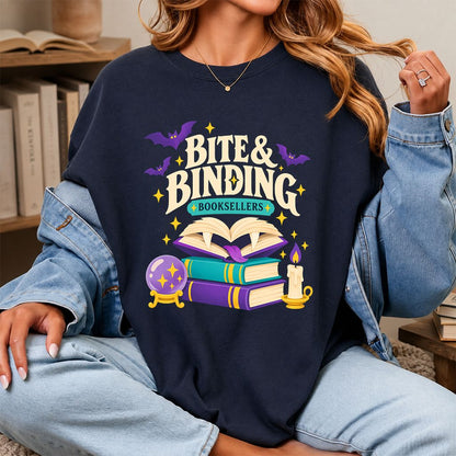 Bite & Binding Booksellers Printed T-Shirt | Fantasy Reader Gift Navy
