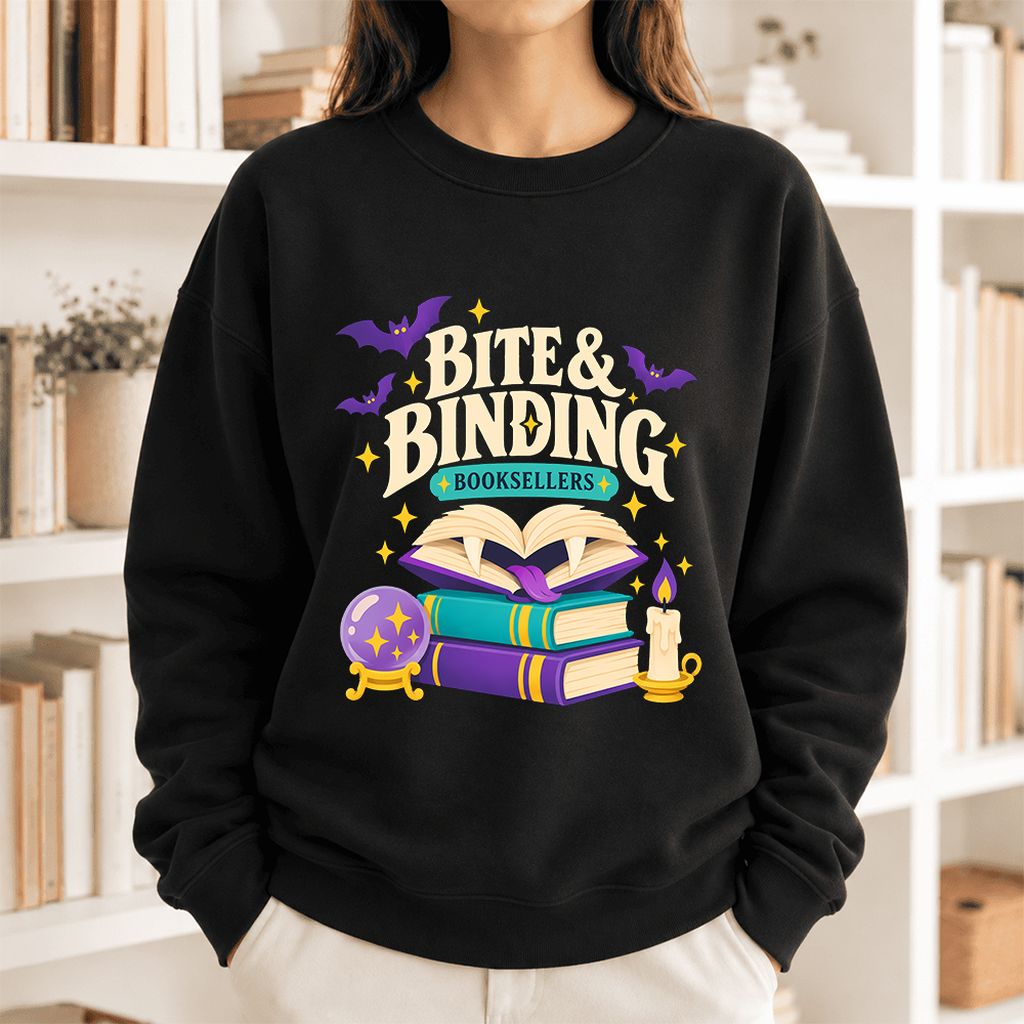 Bite & Binding Booksellers Softstyle Sweatshirt | Fantasy Reader Gift Black