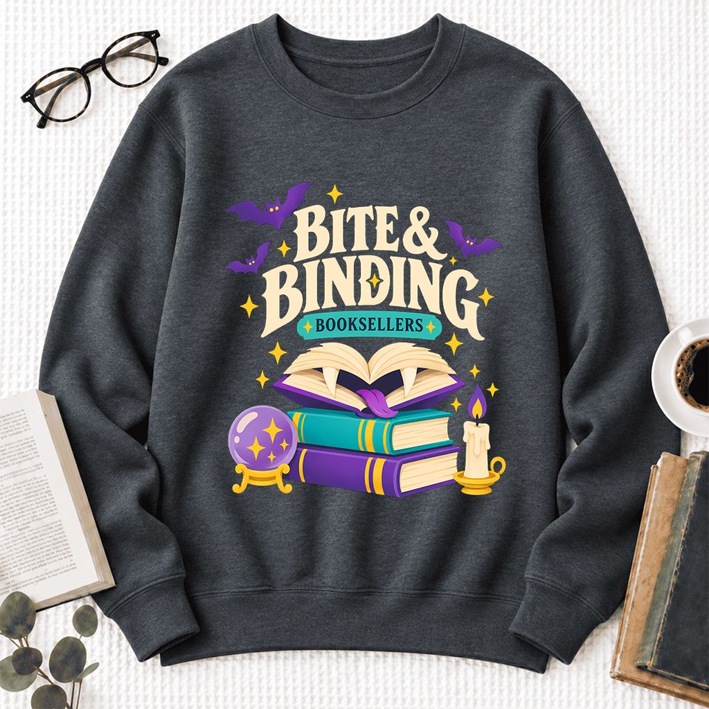 Bite & Binding Booksellers Softstyle Sweatshirt | Fantasy Reader Gift Dark Heather