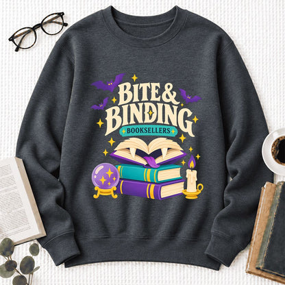 Bite & Binding Booksellers Softstyle Sweatshirt | Fantasy Reader Gift Dark Heather