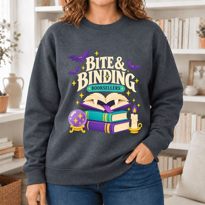 Bite & Binding Booksellers Softstyle Sweatshirt | Fantasy Reader Gift Dark Heather