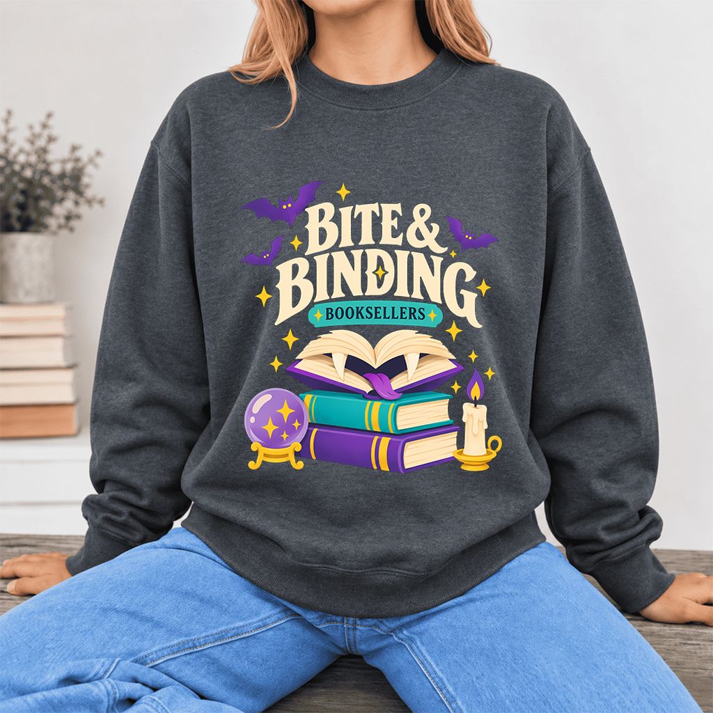 Bite & Binding Booksellers Softstyle Sweatshirt | Fantasy Reader Gift Dark Heather