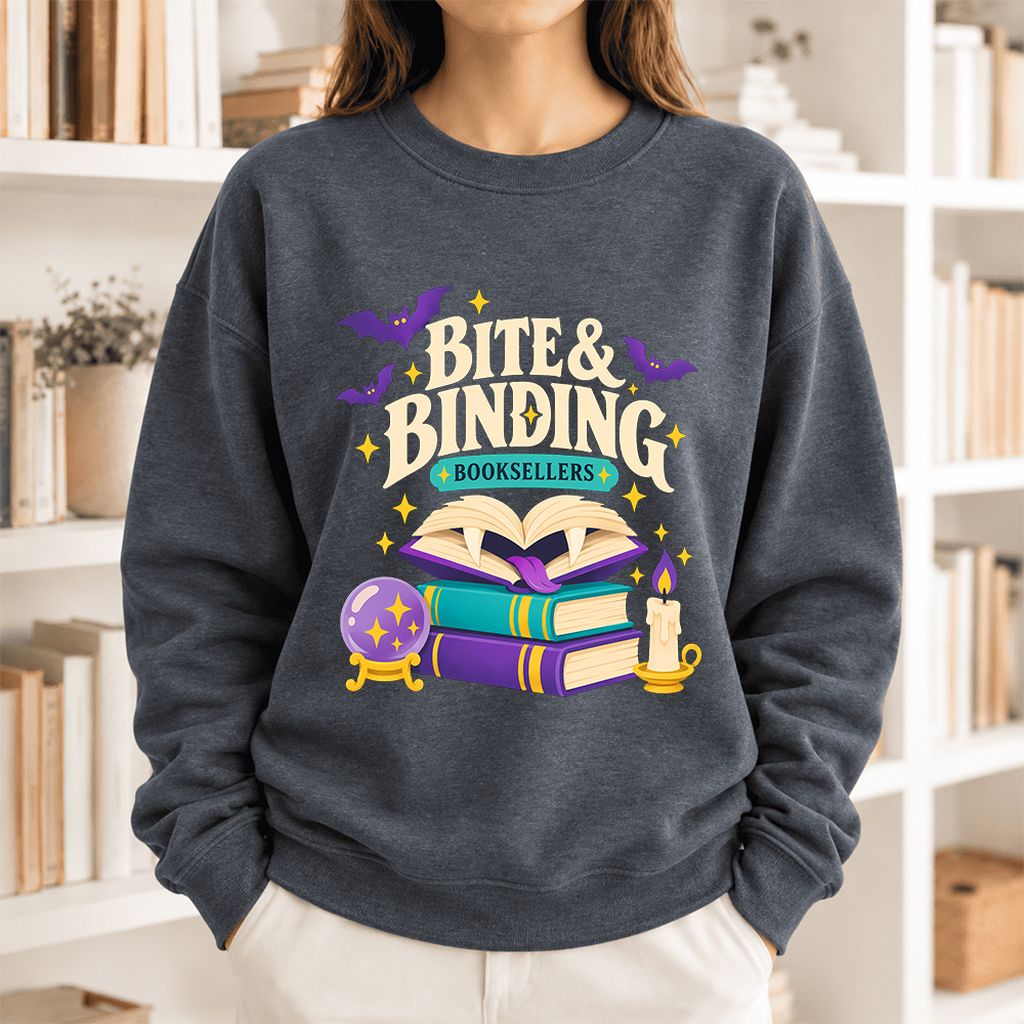 Bite & Binding Booksellers Softstyle Sweatshirt | Fantasy Reader Gift Dark Heather