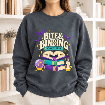 Bite & Binding Booksellers Softstyle Sweatshirt | Fantasy Reader Gift Dark Heather