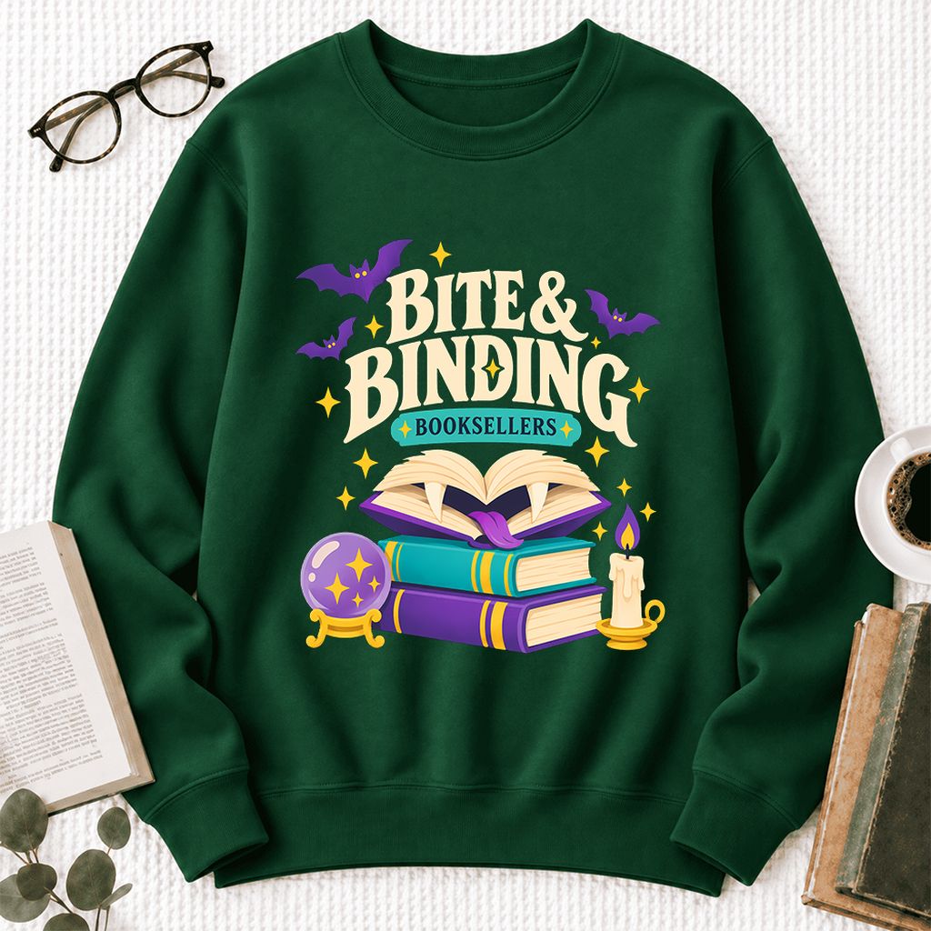 Bite & Binding Booksellers Softstyle Sweatshirt | Fantasy Reader Gift Forest Green