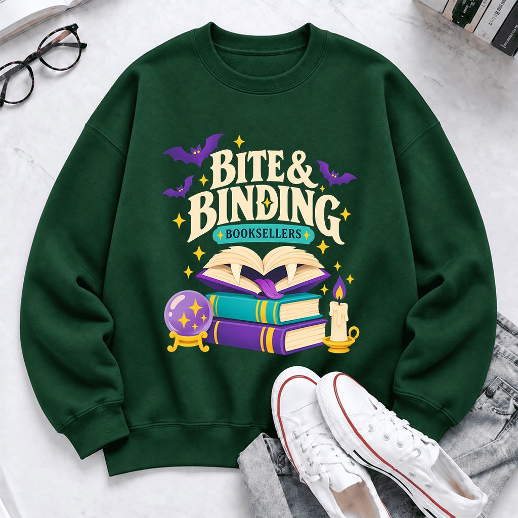Bite & Binding Booksellers Softstyle Sweatshirt | Fantasy Reader Gift Forest Green