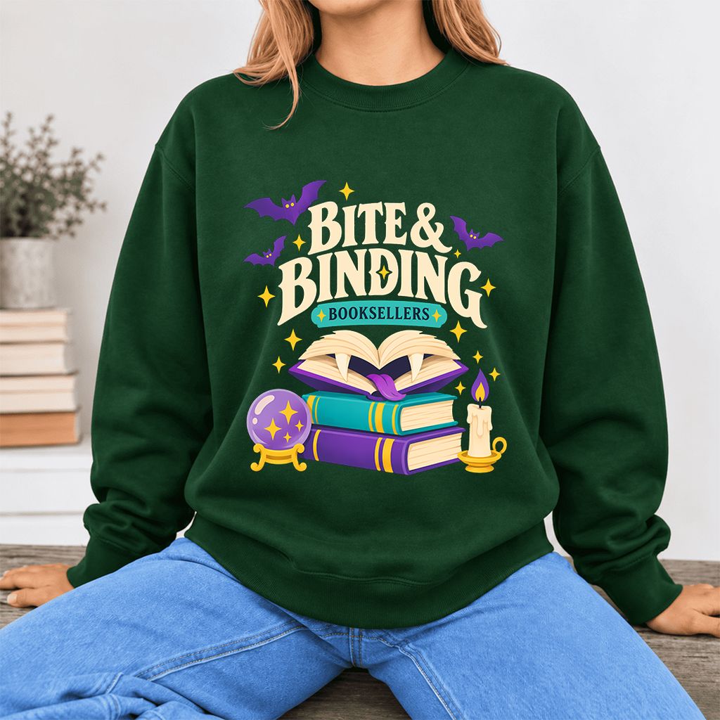 Bite & Binding Booksellers Softstyle Sweatshirt | Fantasy Reader Gift Forest Green