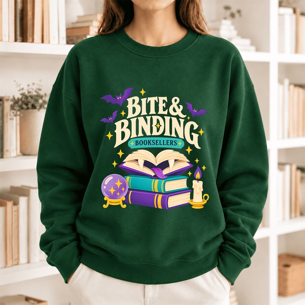Bite & Binding Booksellers Softstyle Sweatshirt | Fantasy Reader Gift Forest Green
