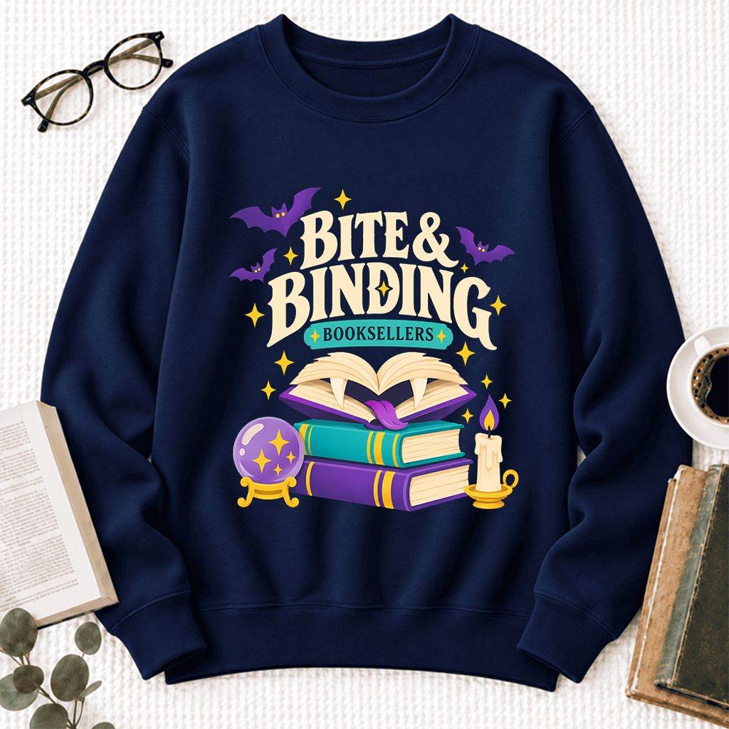 Bite & Binding Booksellers Softstyle Sweatshirt | Fantasy Reader Gift Navy