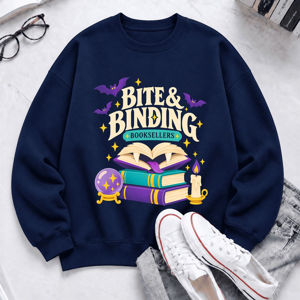 Bite & Binding Booksellers Softstyle Sweatshirt | Fantasy Reader Gift Navy