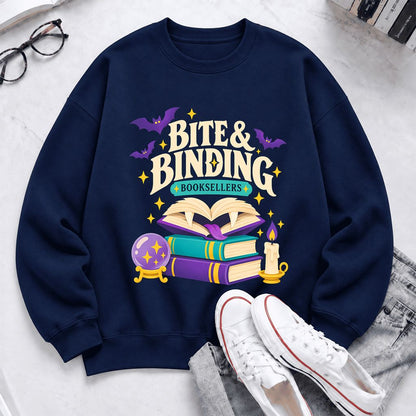 Bite & Binding Booksellers Softstyle Sweatshirt | Fantasy Reader Gift Navy