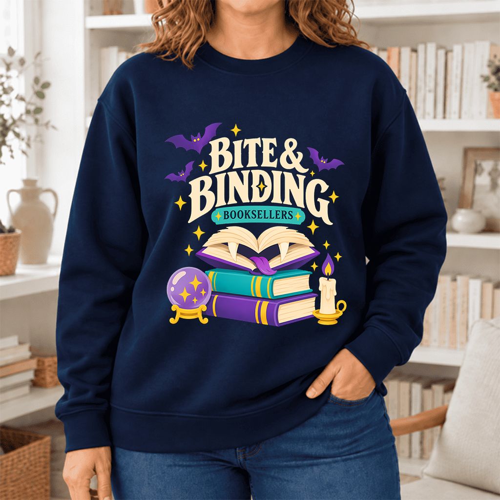 Bite & Binding Booksellers Softstyle Sweatshirt | Fantasy Reader Gift Navy