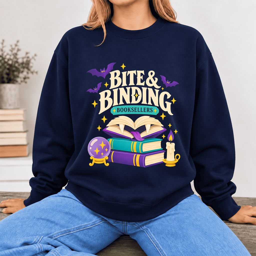 Bite & Binding Booksellers Softstyle Sweatshirt | Fantasy Reader Gift Navy