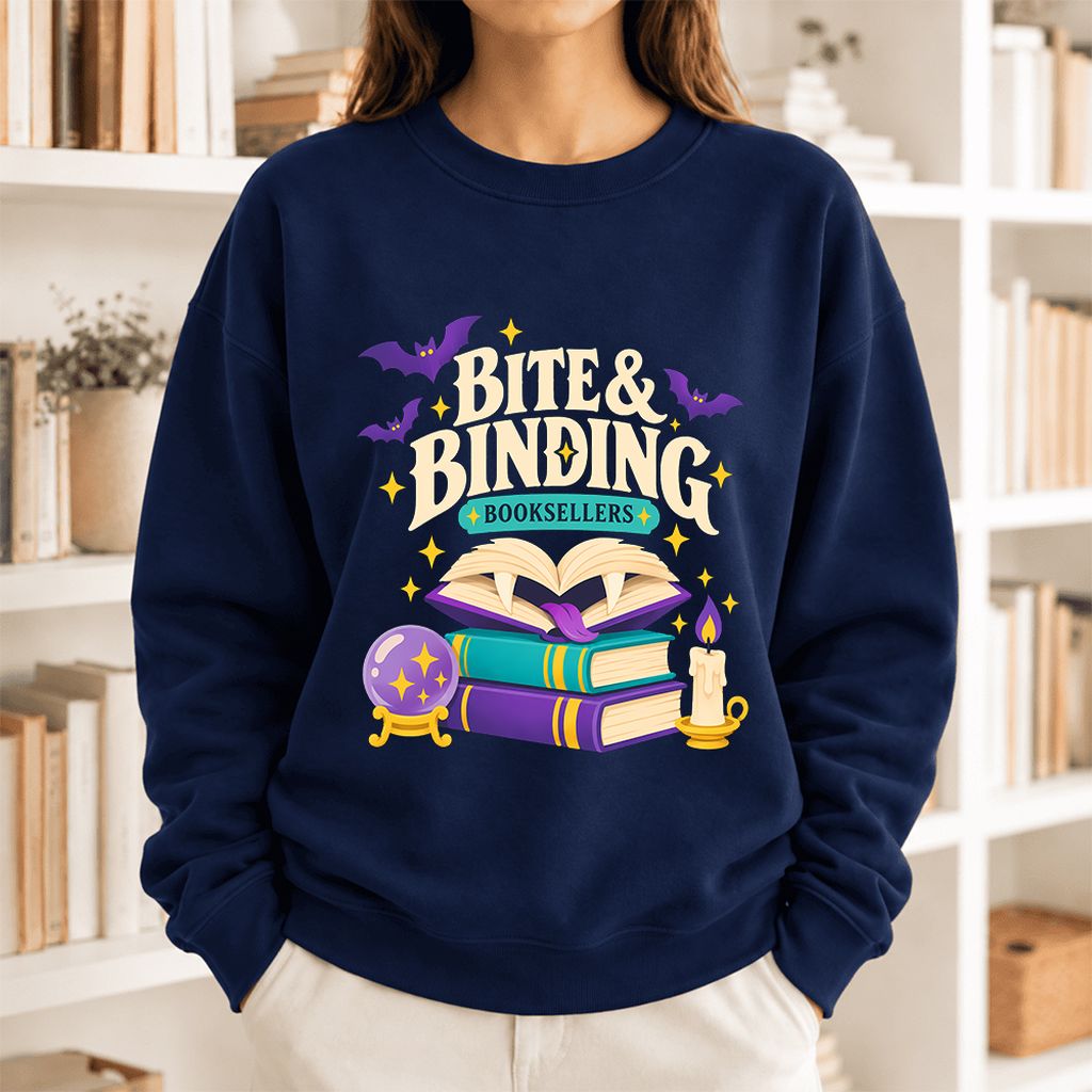 Bite & Binding Booksellers Softstyle Sweatshirt | Fantasy Reader Gift Navy
