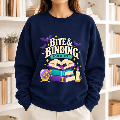 Bite & Binding Booksellers Softstyle Sweatshirt | Fantasy Reader Gift Navy
