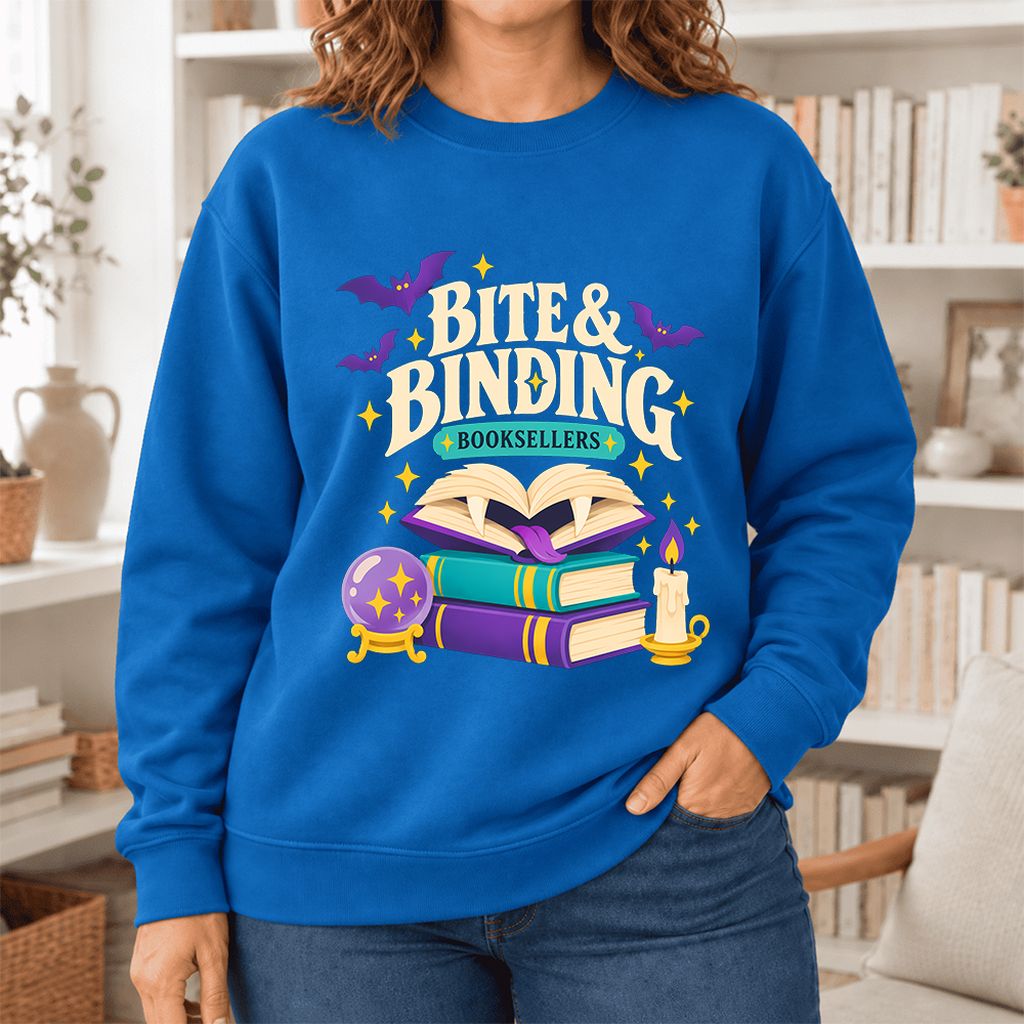 Bite & Binding Booksellers Softstyle Sweatshirt | Fantasy Reader Gift Royal