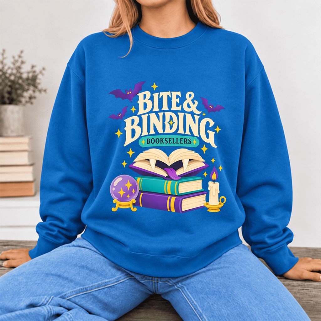 Bite & Binding Booksellers Softstyle Sweatshirt | Fantasy Reader Gift Royal