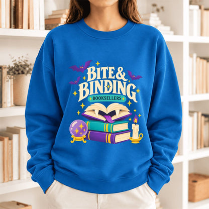 Bite & Binding Booksellers Softstyle Sweatshirt | Fantasy Reader Gift Royal