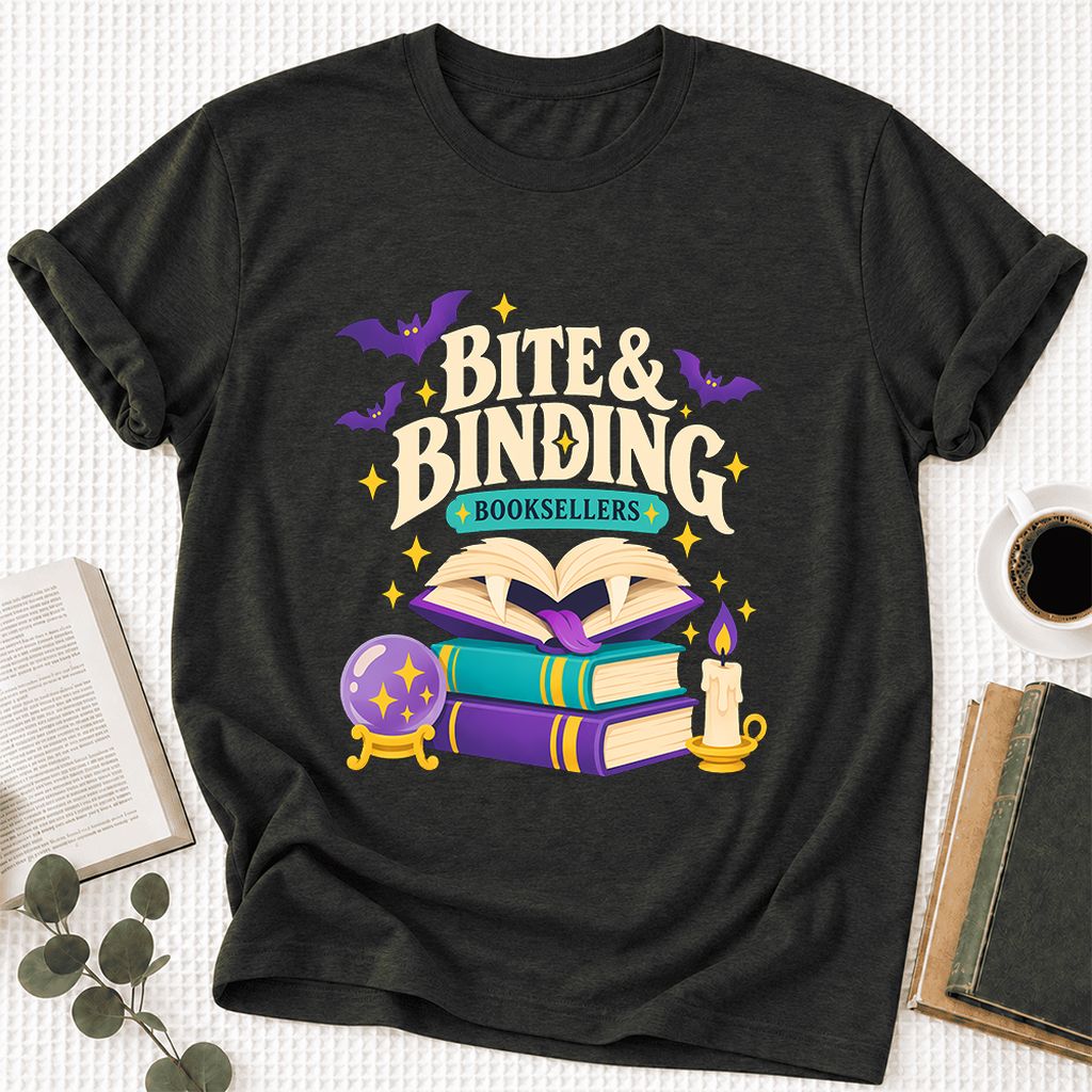 Bite & Binding Booksellers Ultra-Soft Cotton T-Shirt | Fantasy Reader Gift Black Heather