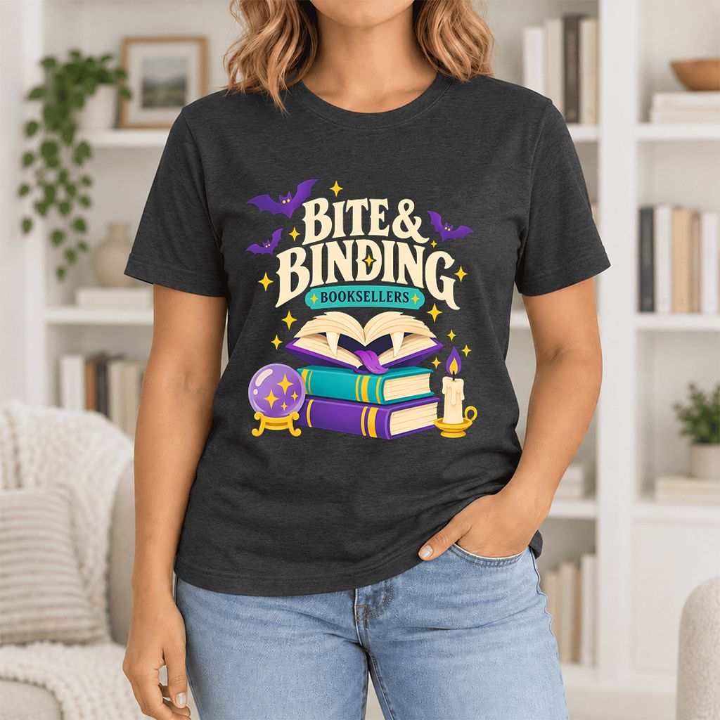 Bite & Binding Booksellers Ultra-Soft Cotton T-Shirt | Fantasy Reader Gift Black Heather