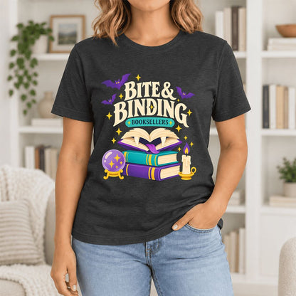 Bite & Binding Booksellers Ultra-Soft Cotton T-Shirt | Fantasy Reader Gift Black Heather