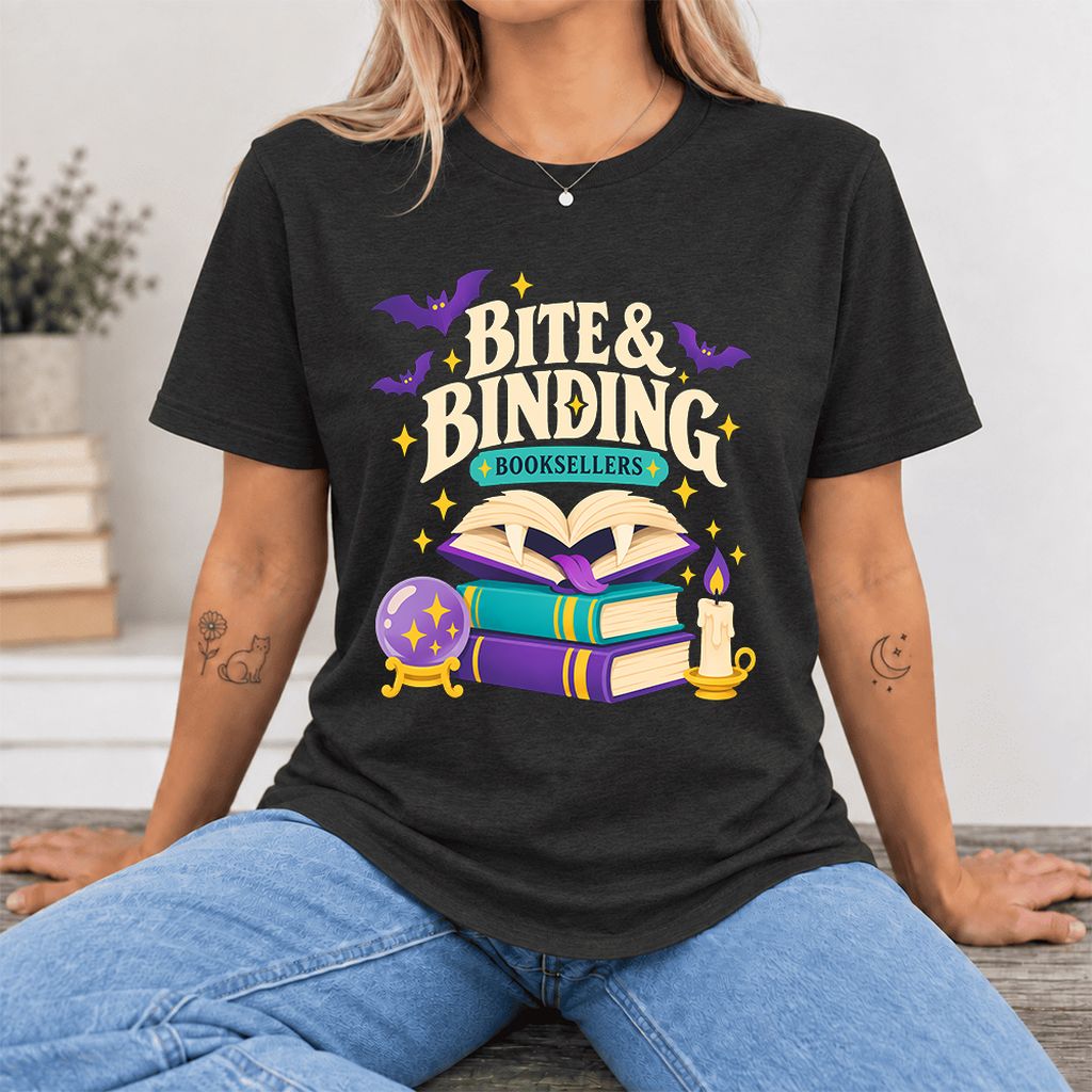 Bite & Binding Booksellers Ultra-Soft Cotton T-Shirt | Fantasy Reader Gift Black Heather