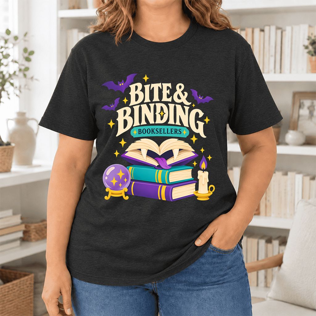 Bite & Binding Booksellers Ultra-Soft Cotton T-Shirt | Fantasy Reader Gift Black Heather
