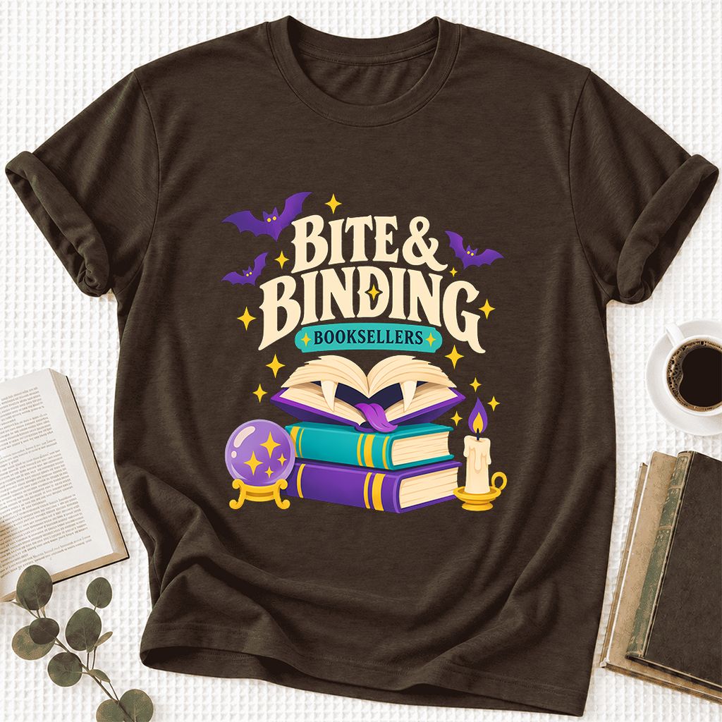 Bite & Binding Booksellers Ultra-Soft Cotton T-Shirt | Fantasy Reader Gift Brown