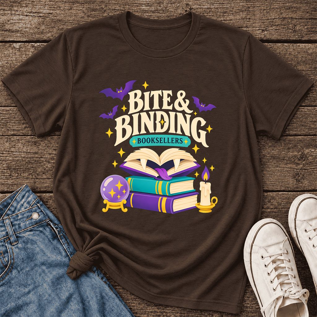 Bite & Binding Booksellers Ultra-Soft Cotton T-Shirt | Fantasy Reader Gift Brown