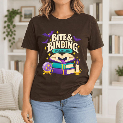 Bite & Binding Booksellers Ultra-Soft Cotton T-Shirt | Fantasy Reader Gift Brown
