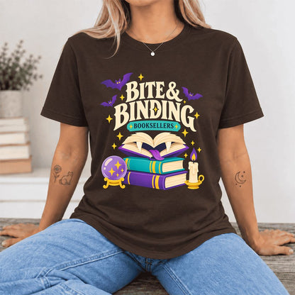Bite & Binding Booksellers Ultra-Soft Cotton T-Shirt | Fantasy Reader Gift Brown