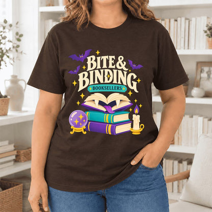 Bite & Binding Booksellers Ultra-Soft Cotton T-Shirt | Fantasy Reader Gift Brown