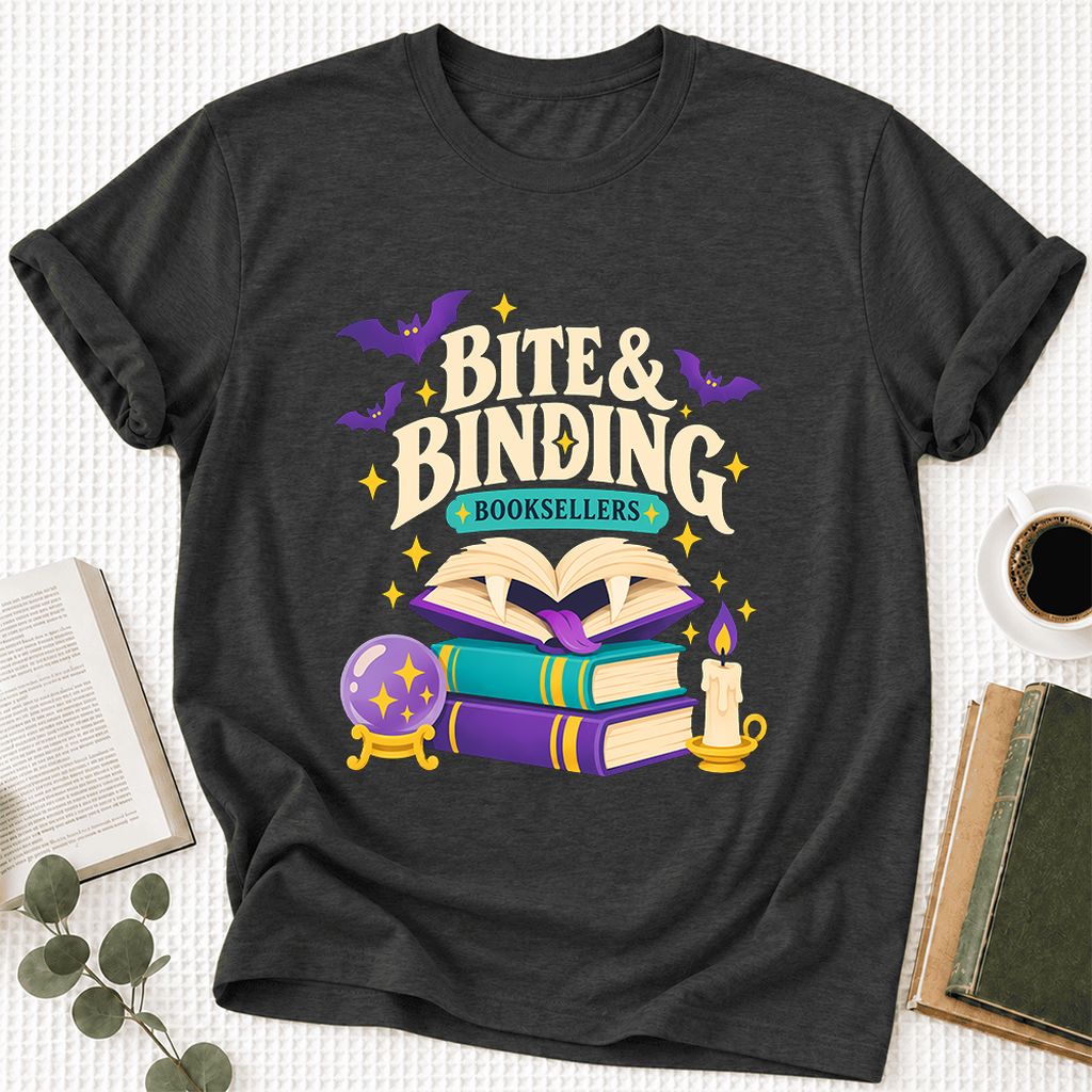 Bite & Binding Booksellers Ultra-Soft Cotton T-Shirt | Fantasy Reader Gift Dark Grey Heather