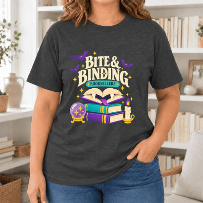 Bite & Binding Booksellers Ultra-Soft Cotton T-Shirt | Fantasy Reader Gift Dark Grey Heather