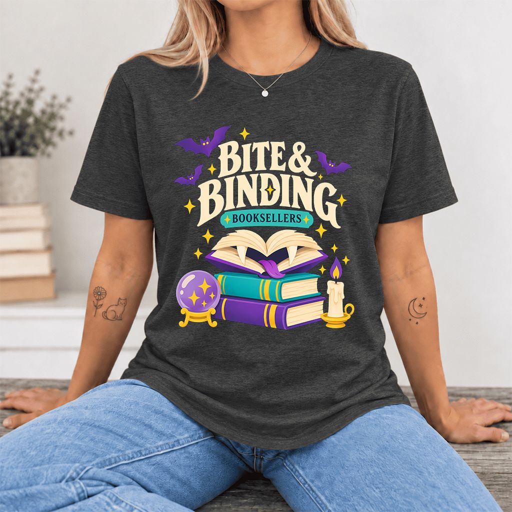 Bite & Binding Booksellers Ultra-Soft Cotton T-Shirt | Fantasy Reader Gift Dark Grey Heather
