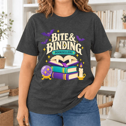 Bite & Binding Booksellers Ultra-Soft Cotton T-Shirt | Fantasy Reader Gift Dark Grey Heather