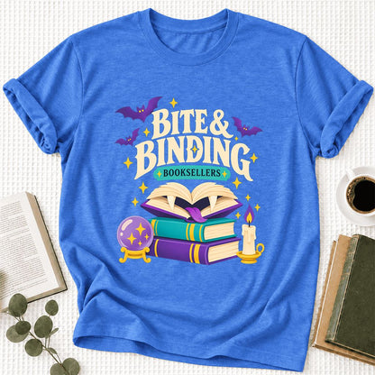 Bite & Binding Booksellers Ultra-Soft Cotton T-Shirt | Fantasy Reader Gift Heather True Royal
