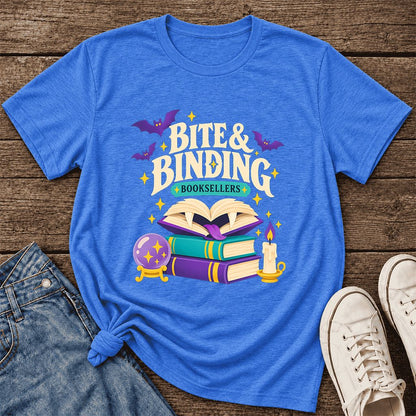 Bite & Binding Booksellers Ultra-Soft Cotton T-Shirt | Fantasy Reader Gift Heather True Royal