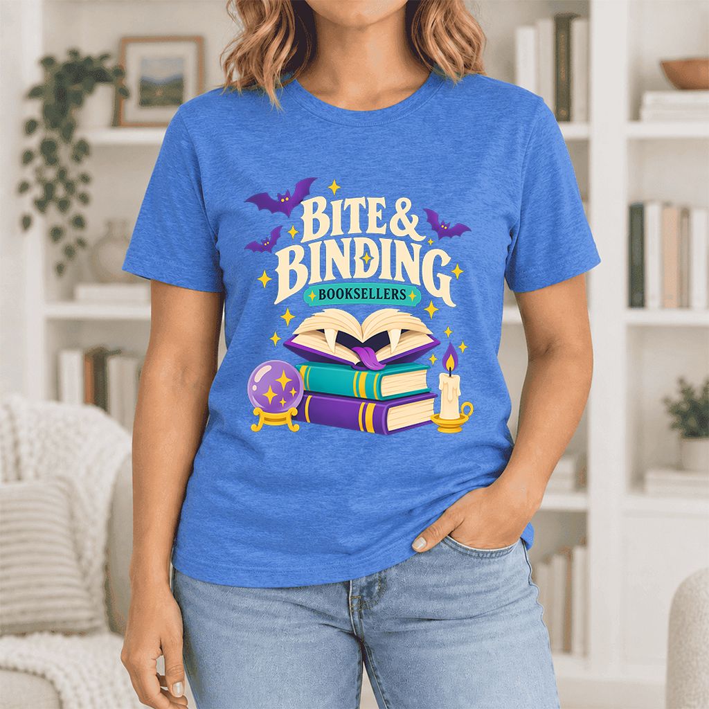 Bite & Binding Booksellers Ultra-Soft Cotton T-Shirt | Fantasy Reader Gift Heather True Royal