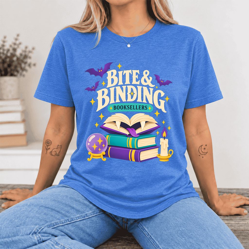 Bite & Binding Booksellers Ultra-Soft Cotton T-Shirt | Fantasy Reader Gift Heather True Royal