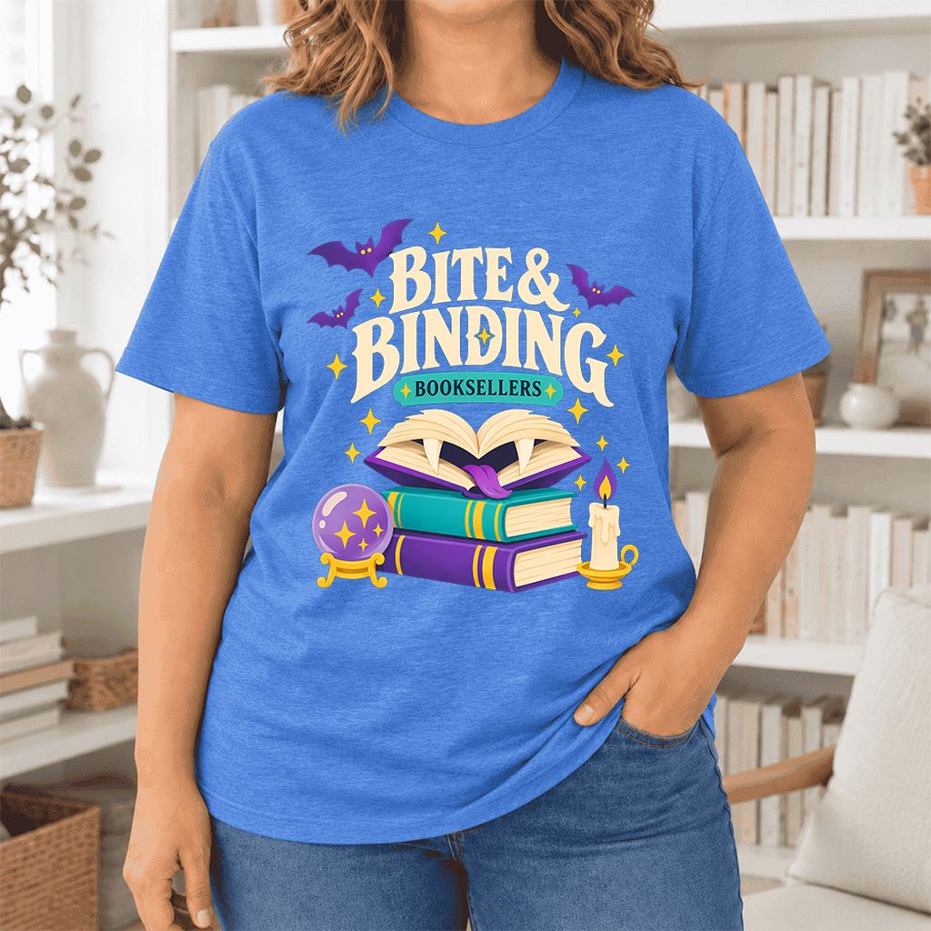 Bite & Binding Booksellers Ultra-Soft Cotton T-Shirt | Fantasy Reader Gift Heather True Royal