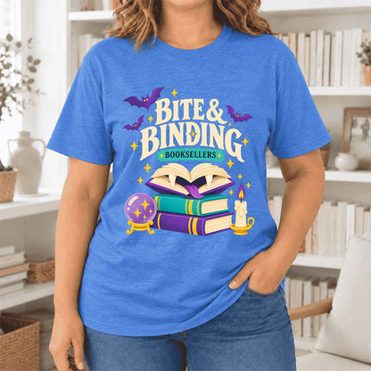 Bite & Binding Booksellers Ultra-Soft Cotton T-Shirt | Fantasy Reader Gift Heather True Royal