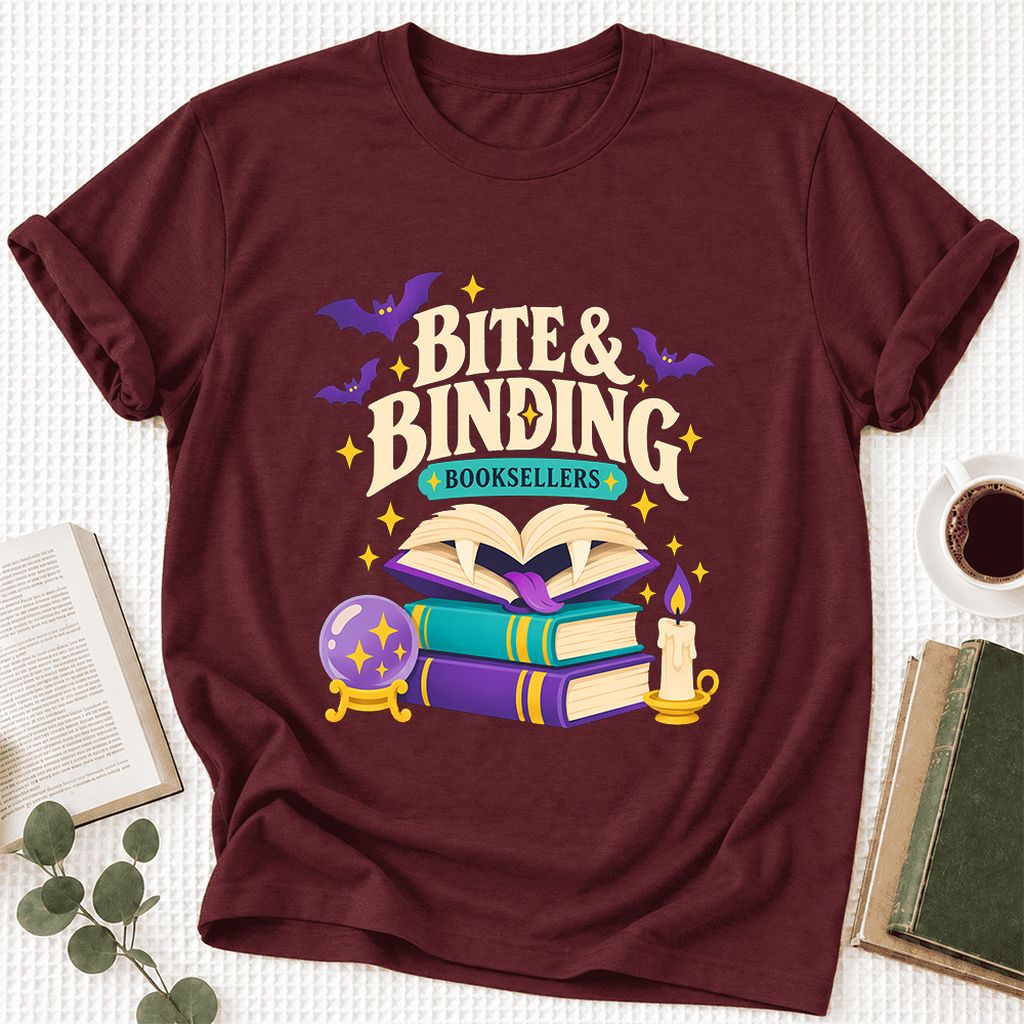 Bite & Binding Booksellers Ultra-Soft Cotton T-Shirt | Fantasy Reader Gift Maroon