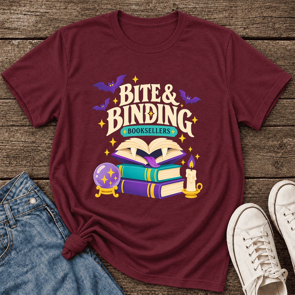Bite & Binding Booksellers Ultra-Soft Cotton T-Shirt | Fantasy Reader Gift Maroon