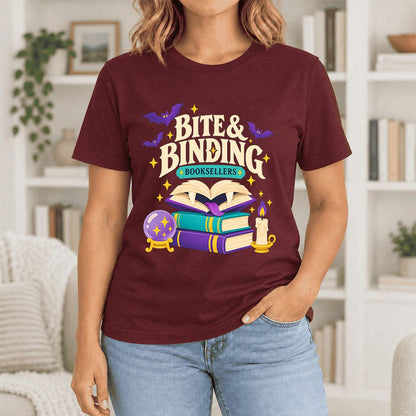 Bite & Binding Booksellers Ultra-Soft Cotton T-Shirt | Fantasy Reader Gift Maroon